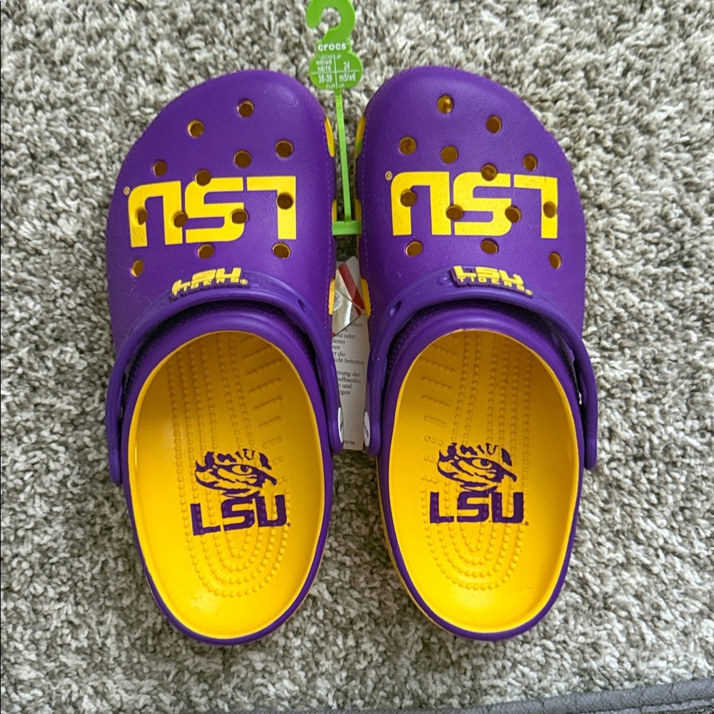 CROCS Purple and Yellow LSU Clogs